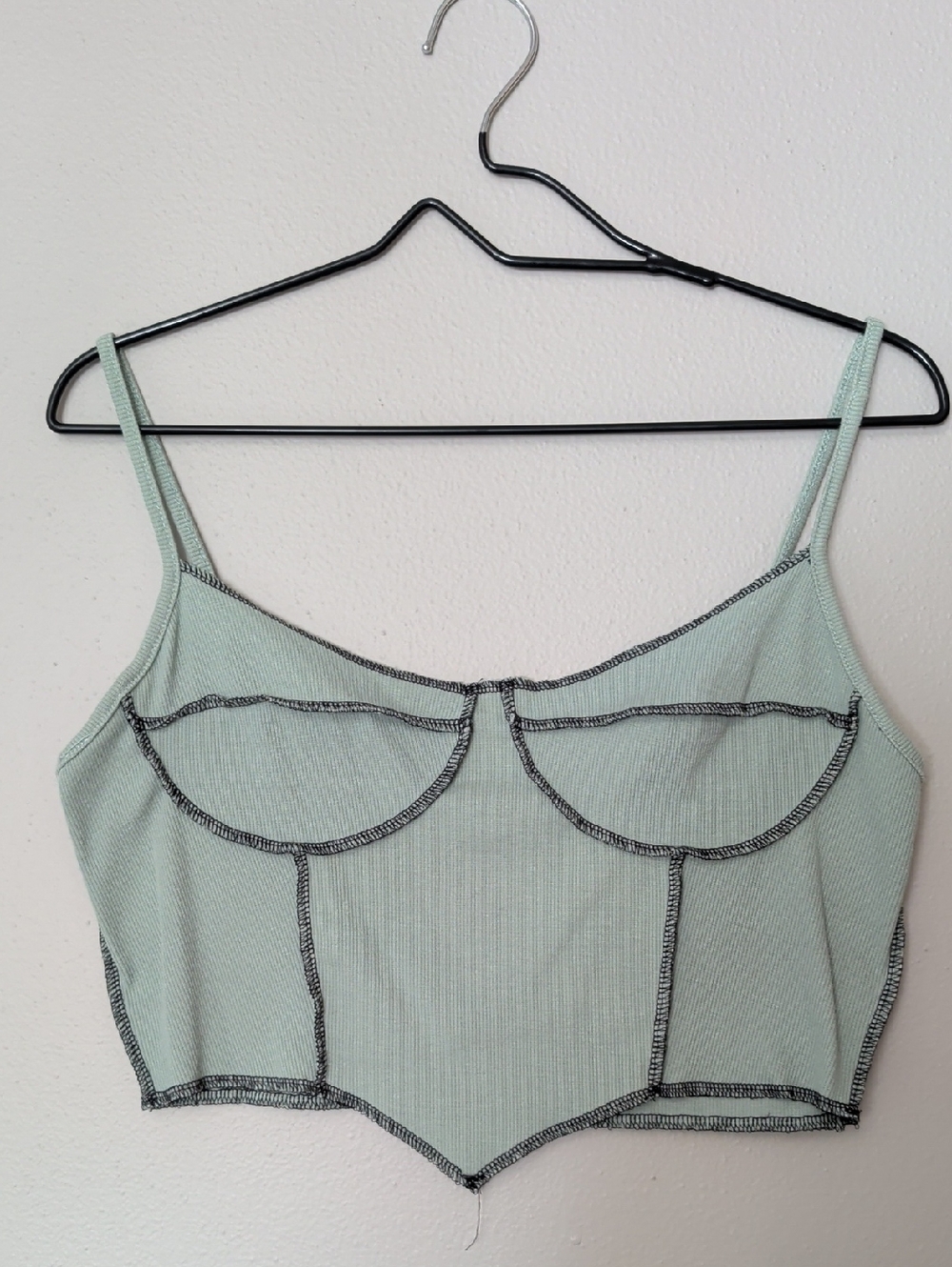 Mint Green Ribbed Crop Top with Contrast Topstitching